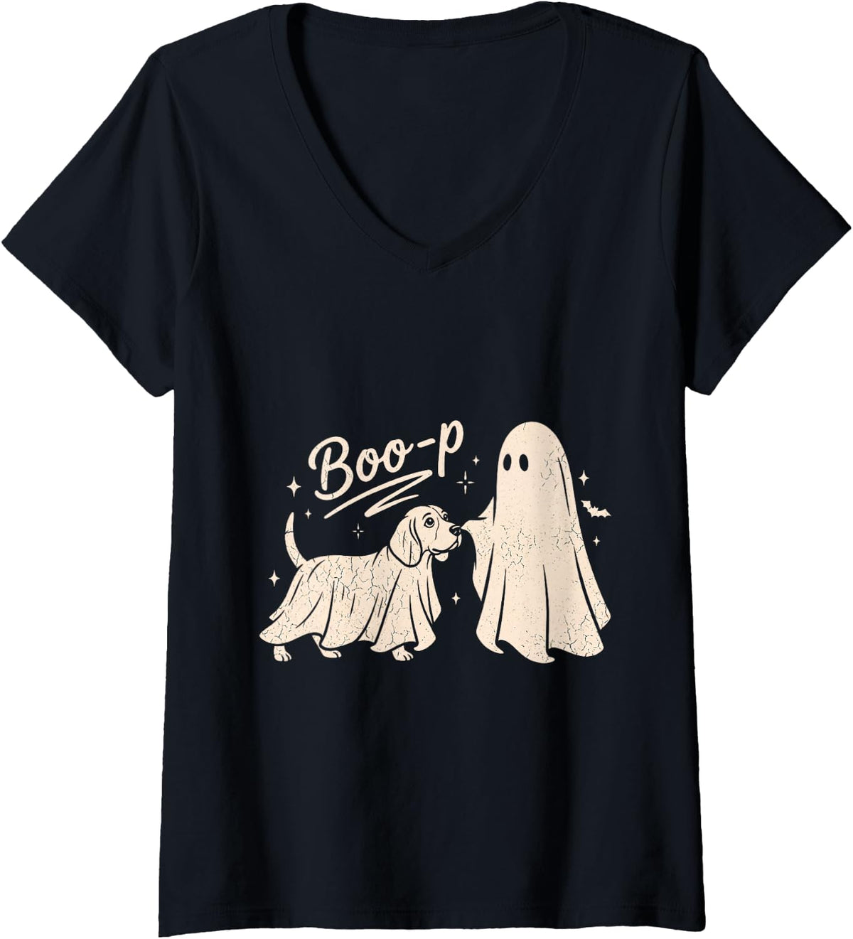 Women's Funny Spooky Season Beagle Halloween Boo-P Ghost Dog V-Neck T-Shirt - Black
