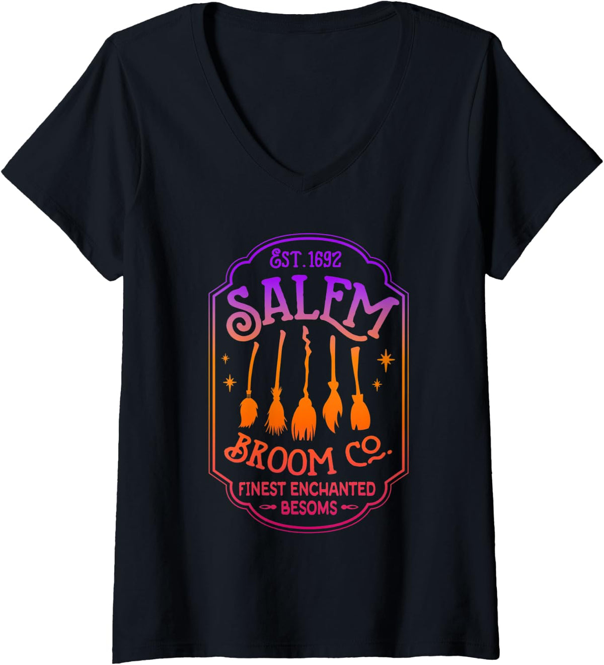 Womens Salem Broom Company Est 1692 Halloween Salem Witch Cat Broom V-Neck T-Shirt - Black