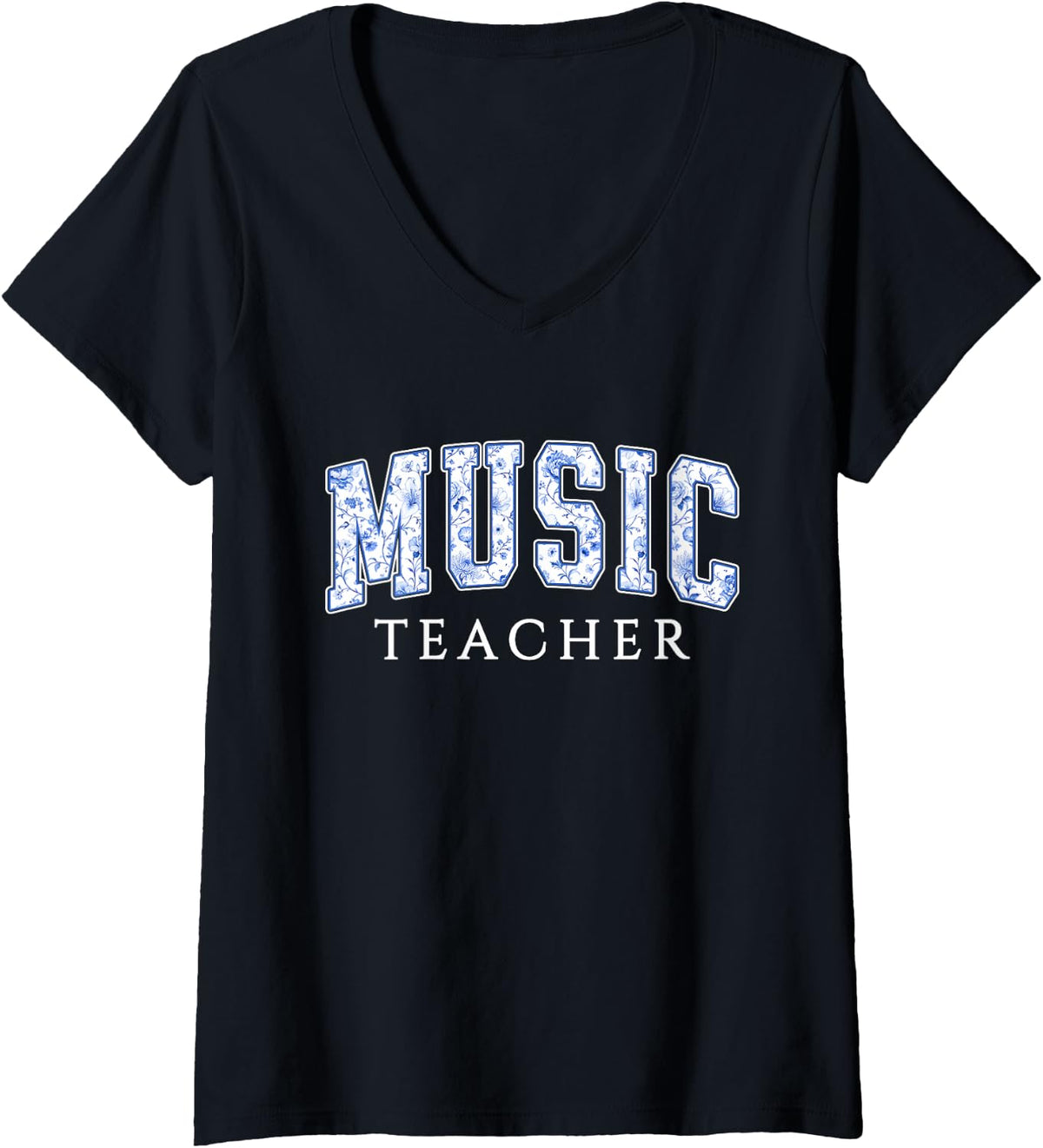 Women's Music Teacher Blue Floral Varsity Letters Music Educator V-Neck T-Shirt - Black