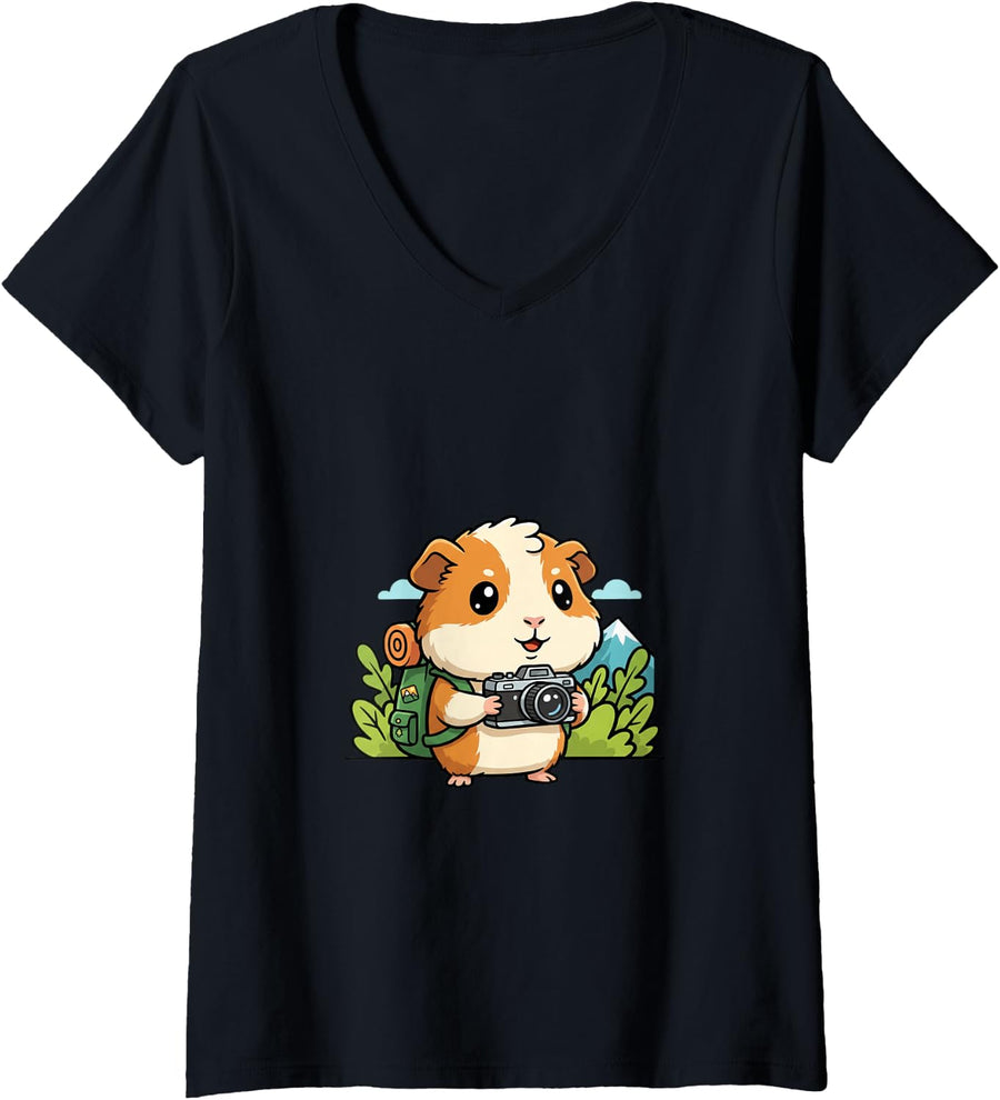 Women's Guinea Pig Hiking Mascot Cute Outdoor Camping Nature Fan V-Neck T-Shirt - Black