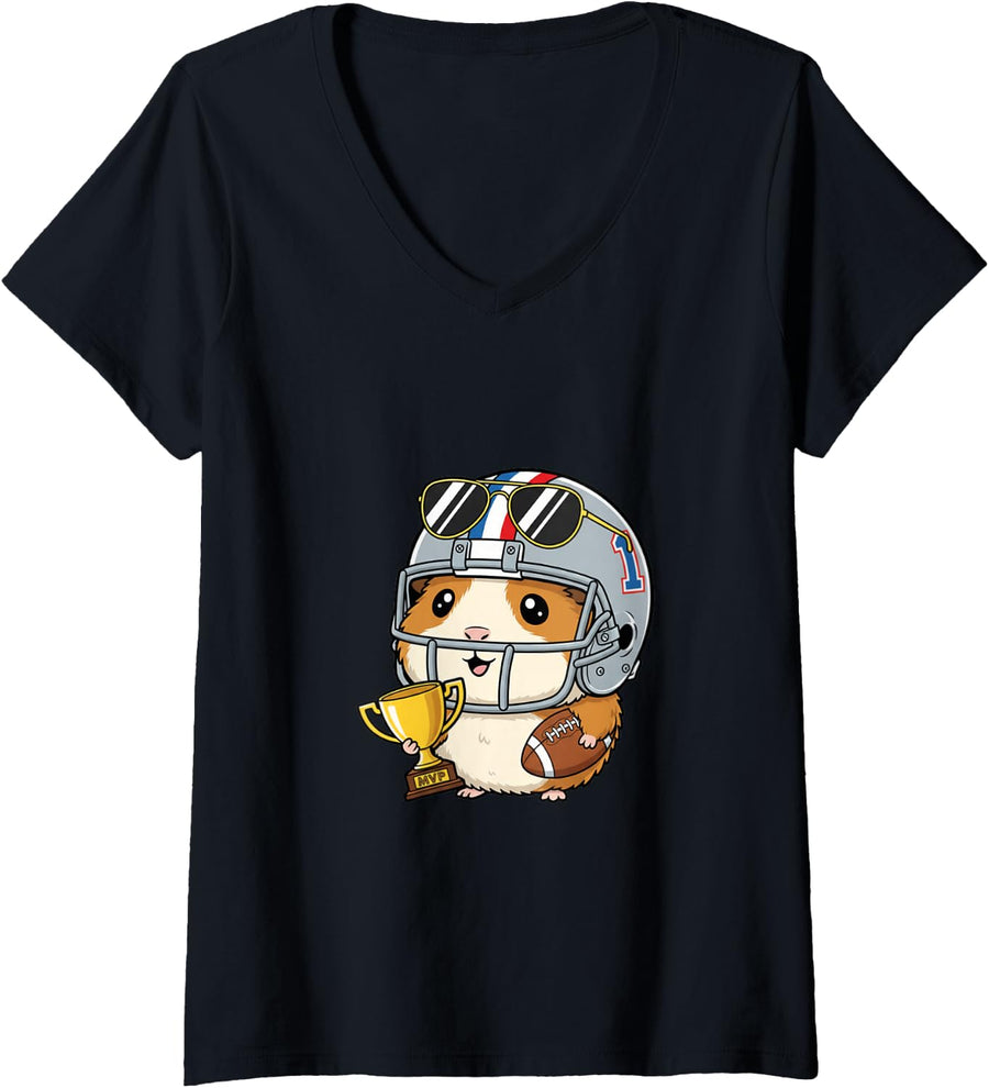 Women's Cute Guinea Pig Playing Football Funny Game Day Team Fan V-Neck T-Shirt - Black