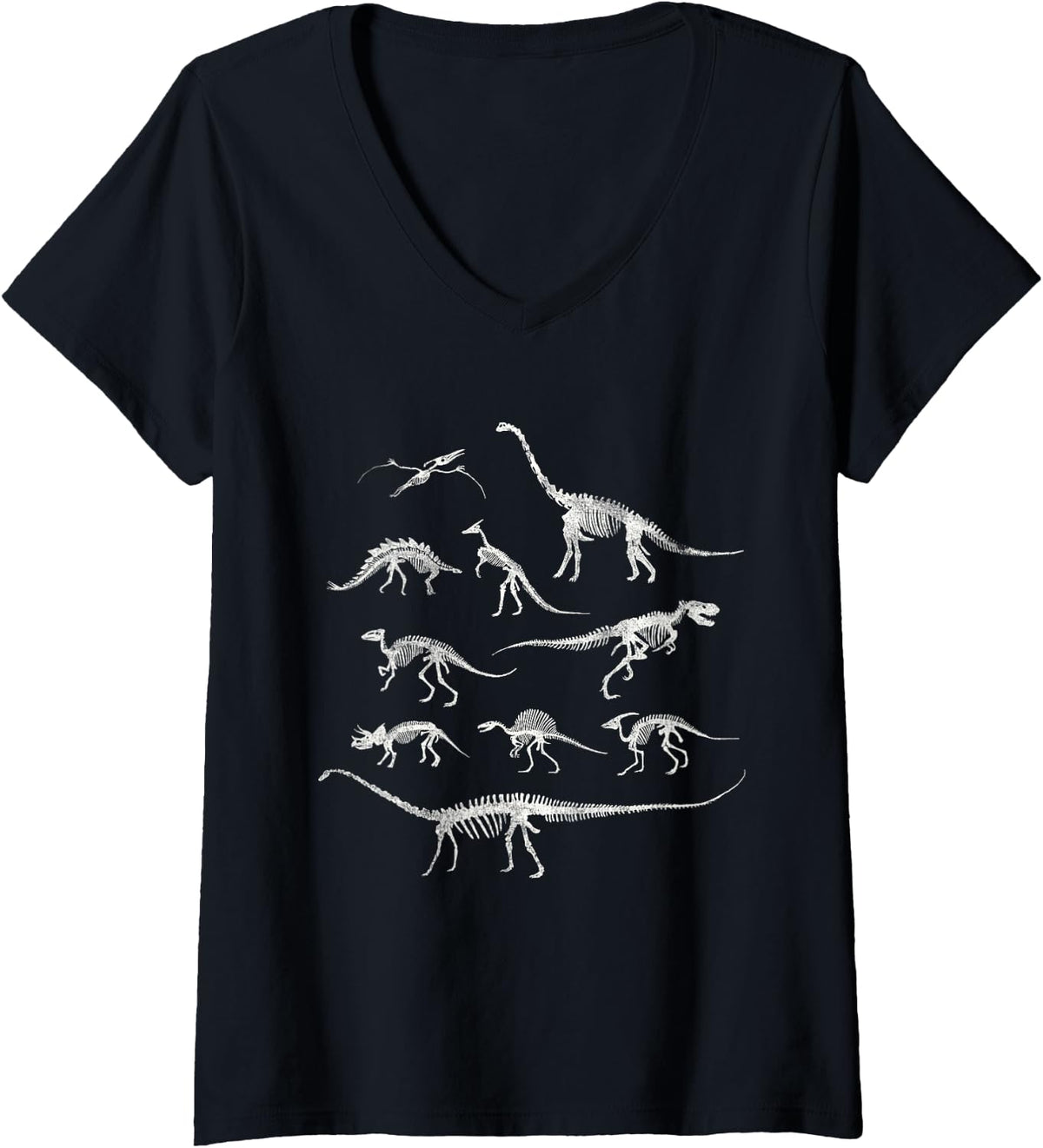 Womens Dinosaur Skeleton and Dino Bones Shirt V-Neck T-Shirt - Black