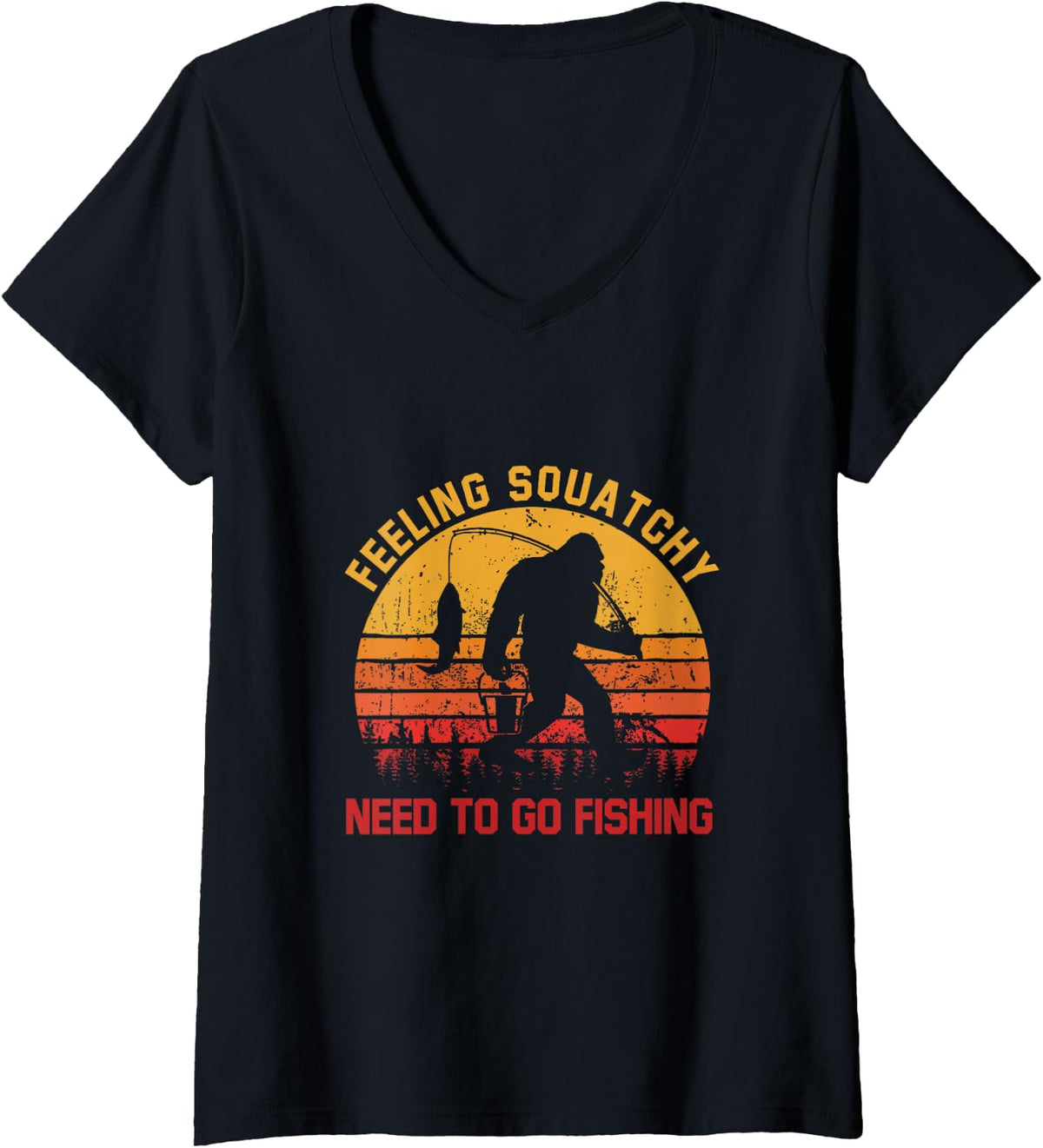 Women's Feeling Squatchy Need to Go Fishing Retro Bigfoot Fisherman V-Neck T-Shirt - Black