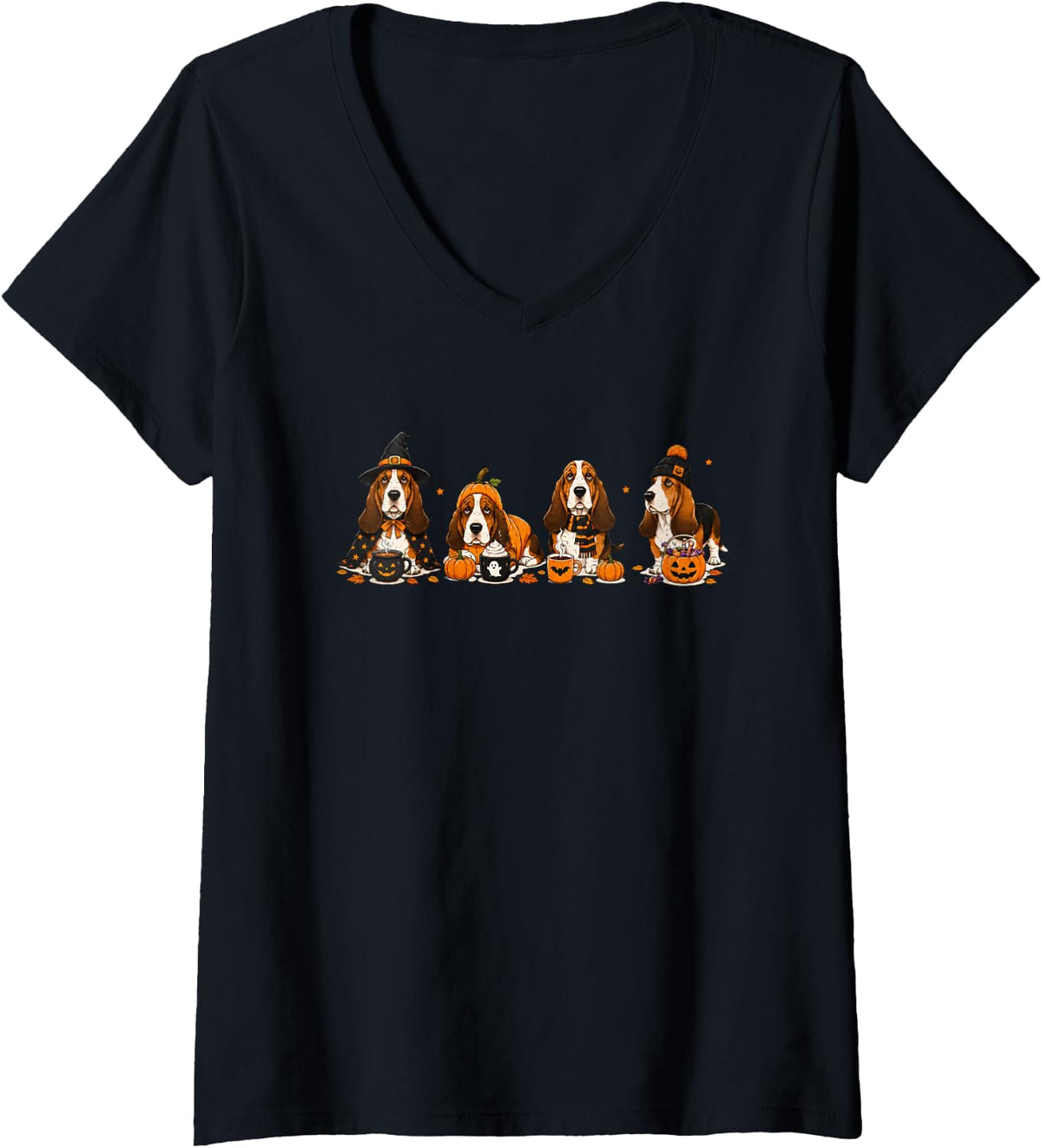 Women's Basset Hound Halloween Pumpkin V-Neck T-Shirt - Black
