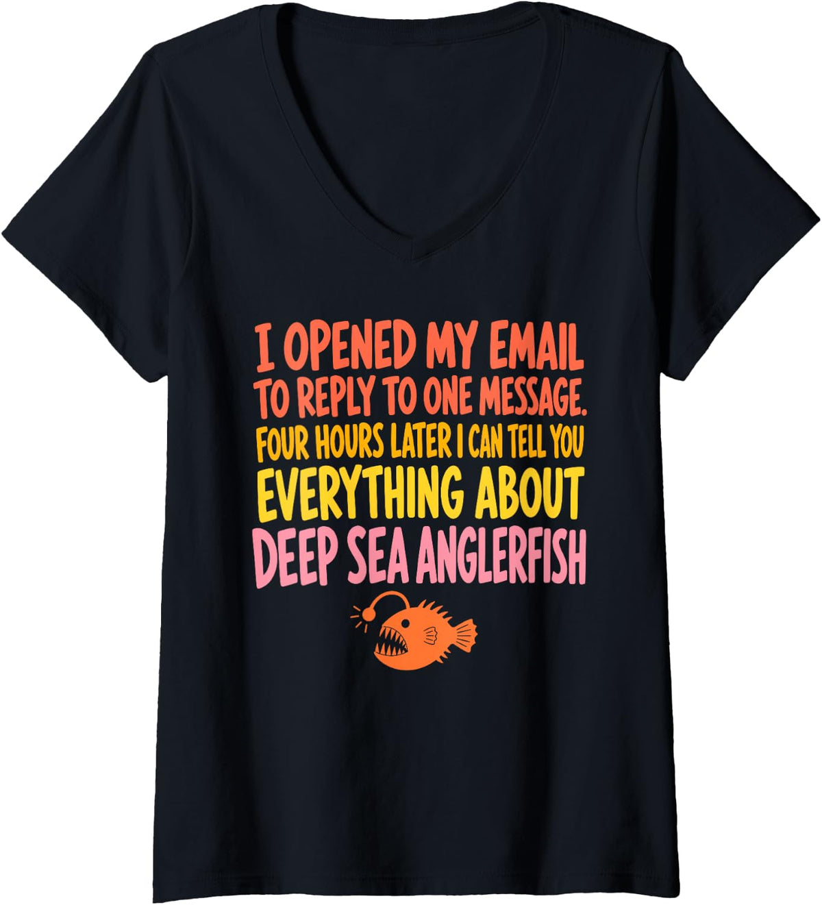 Women's ADHD Email Reply Deep Sea Anglerfish V-Neck T-Shirt - Black