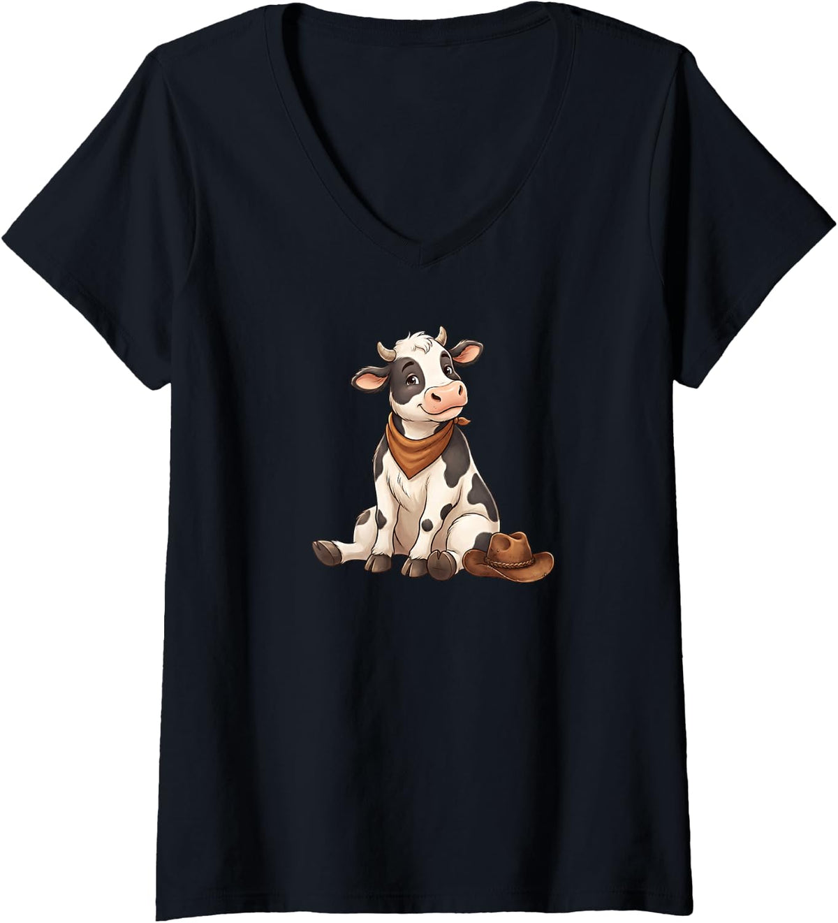 Women's Cute Cartoon Cow Sitting with Cowboy Hat Bandana V-Neck T-Shirt - Black
