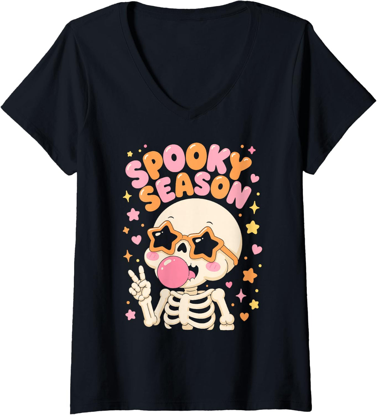 Women's Halloween Spooky Season Cute Cartoon Skeleton Kids V-Neck T-Shirt - Black