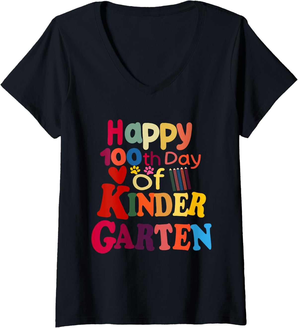 Women's Happy 100th Day of Kindergarten for Student or Teacher V-Neck T-Shirt - Black