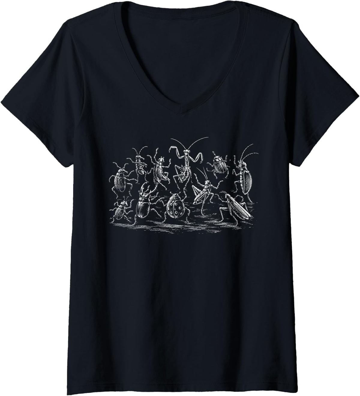 Women's Bugs Music Dancing Insects Biology Garden Entomologist V-Neck T-Shirt - Black