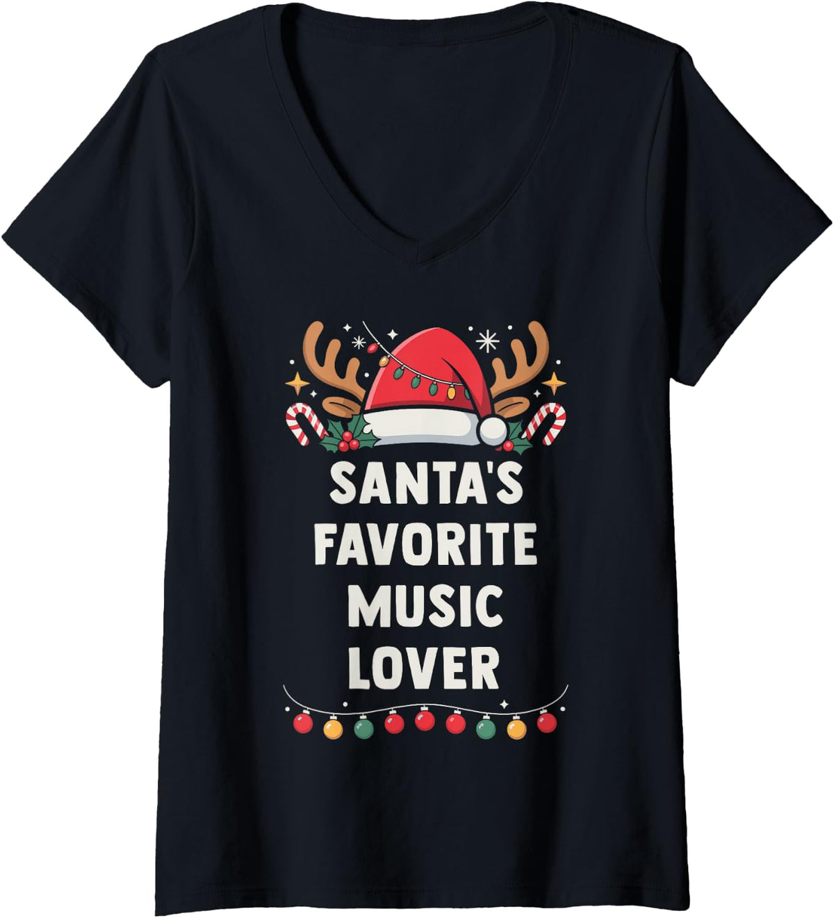 Women's Santa's Favorite Music Lover Xmas Concert Holiday Recital V-Neck T-Shirt - Black