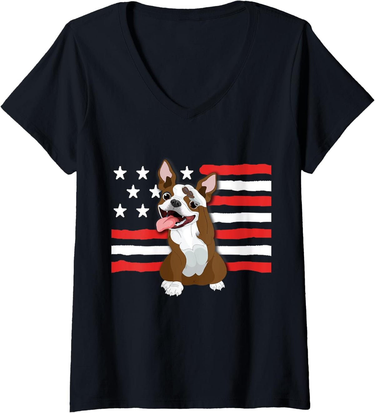 Womens Patriotic Red Boston Terrier V-Neck T-Shirt - Black