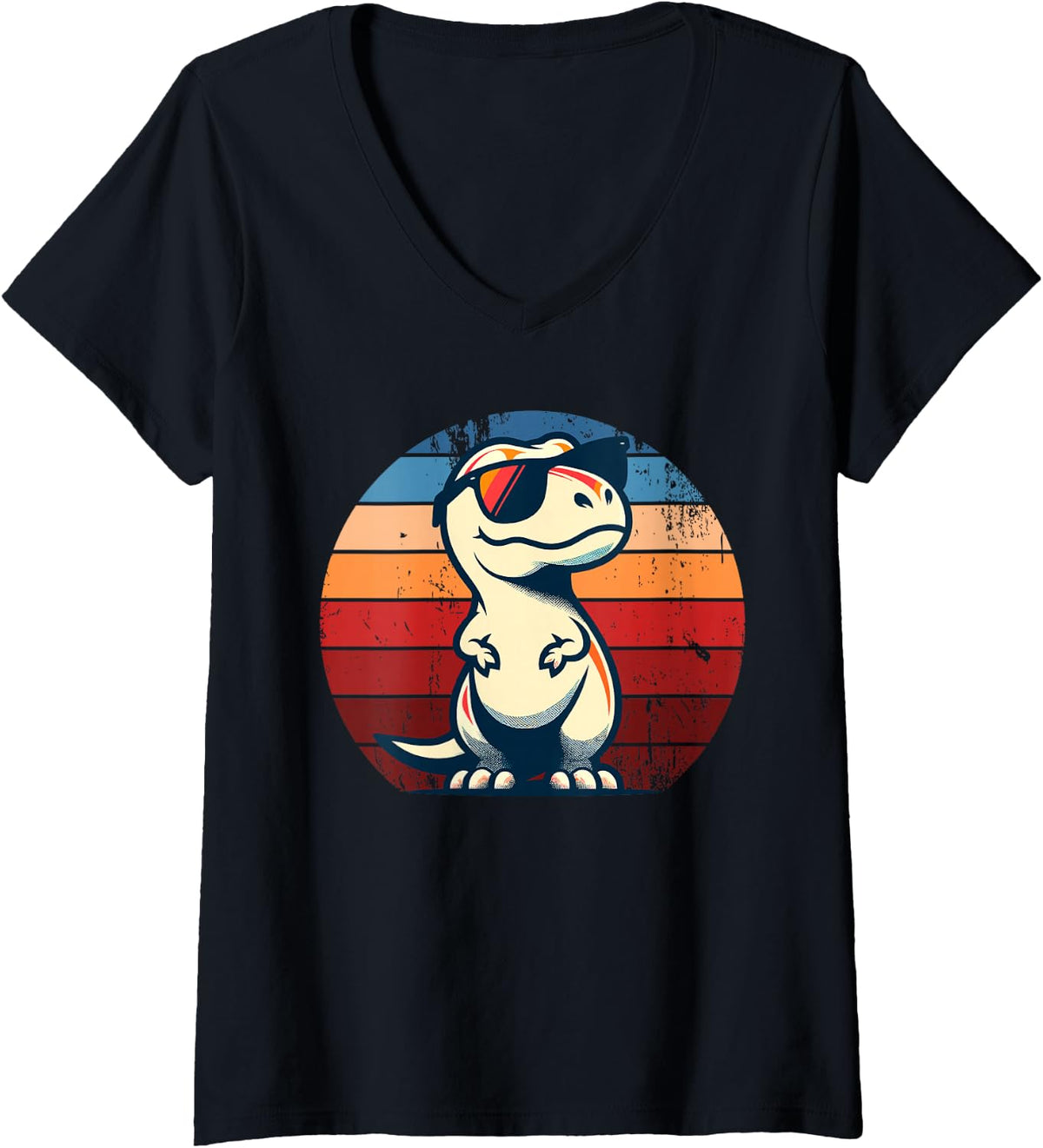 Womens Dinosaur T-Rex Retro Novelty Men Kids Women Funny Dinosaur V-Neck T-Shirt - Black
