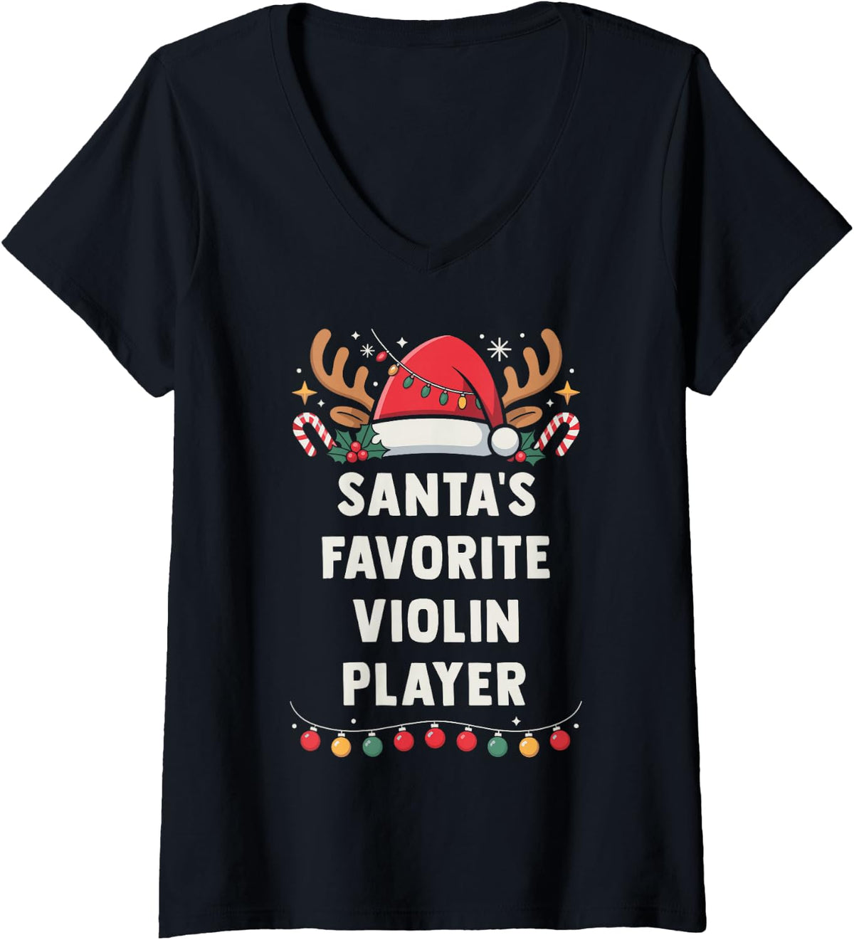 Women's Santa's Favorite Violin Player Christmas Concert Band Squad V-Neck T-Shirt - Black