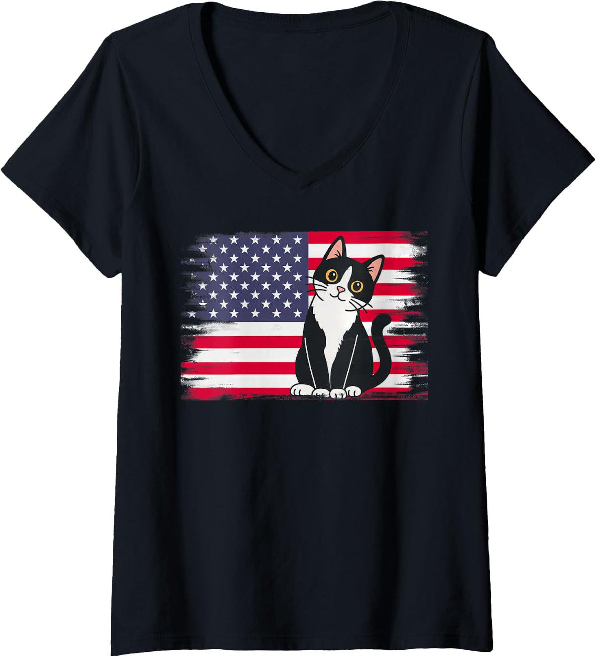 Womens 4th of July Cat American Flag Cute Patriotic USA Pet V-Neck T-Shirt - Black