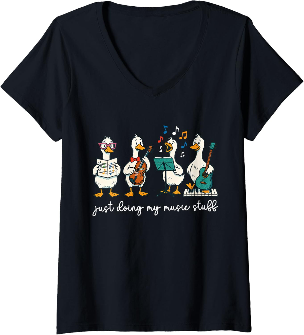 Women's Silly Goose Musician Cute Band Music Teacher Choir Chorister V-Neck T-Shirt - Black