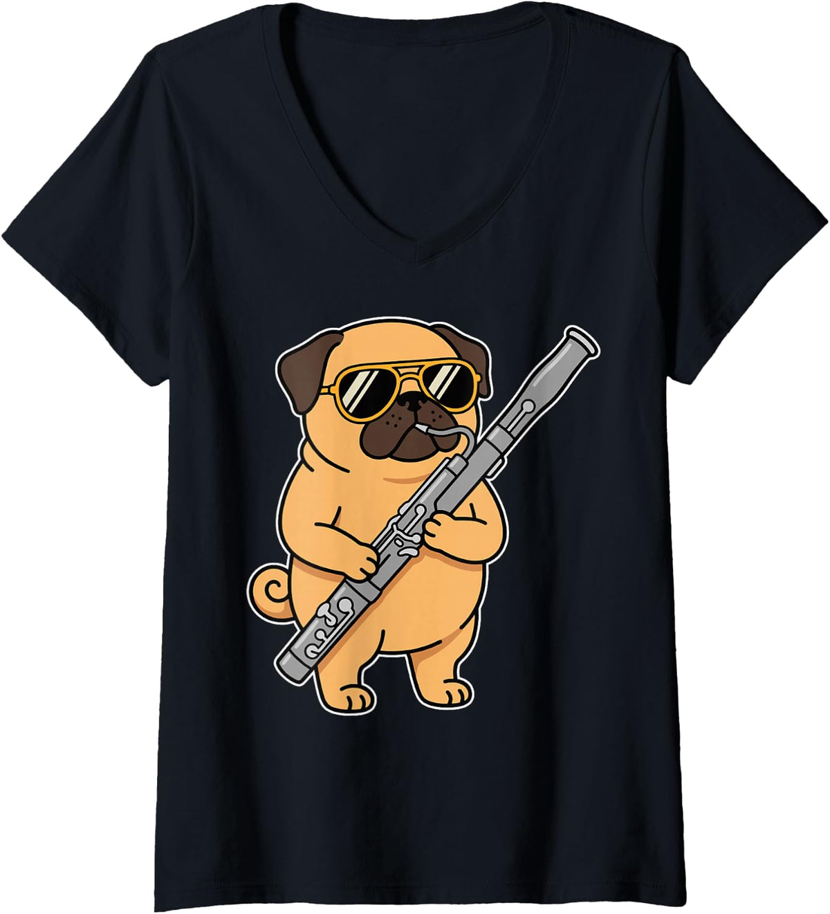 Women's Cool Pug Playing Bassoon Funny Dog Double Reed Musician V-Neck T-Shirt - Black