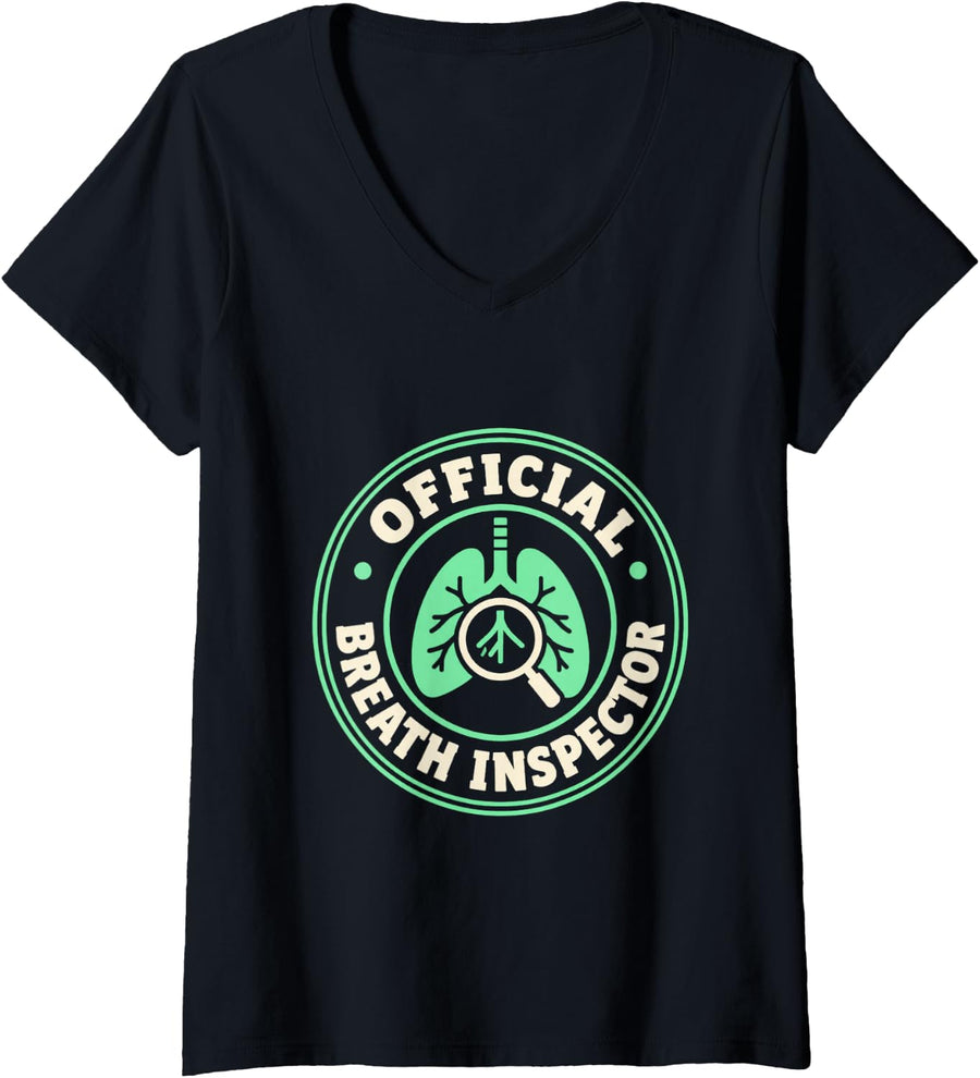 Women's Official Breath Inspector Respiratory Therapist Nurse V-Neck T-Shirt - Black