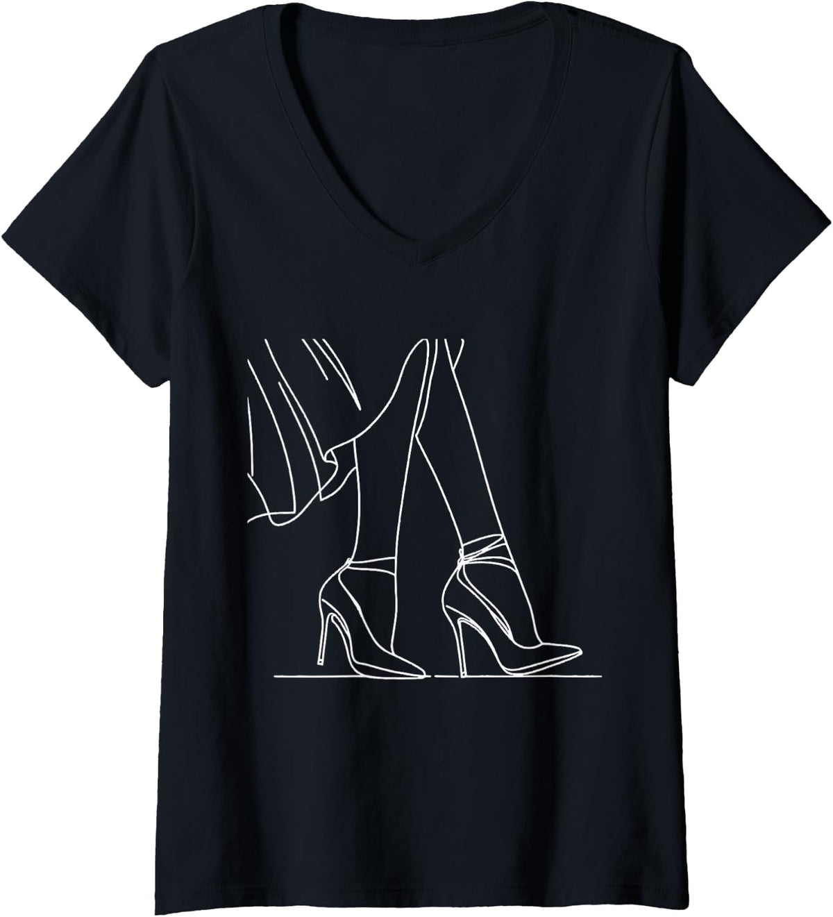 Women's Elegant High Heels Line Art Female Legs Feminine V-Neck T-Shirt - Black