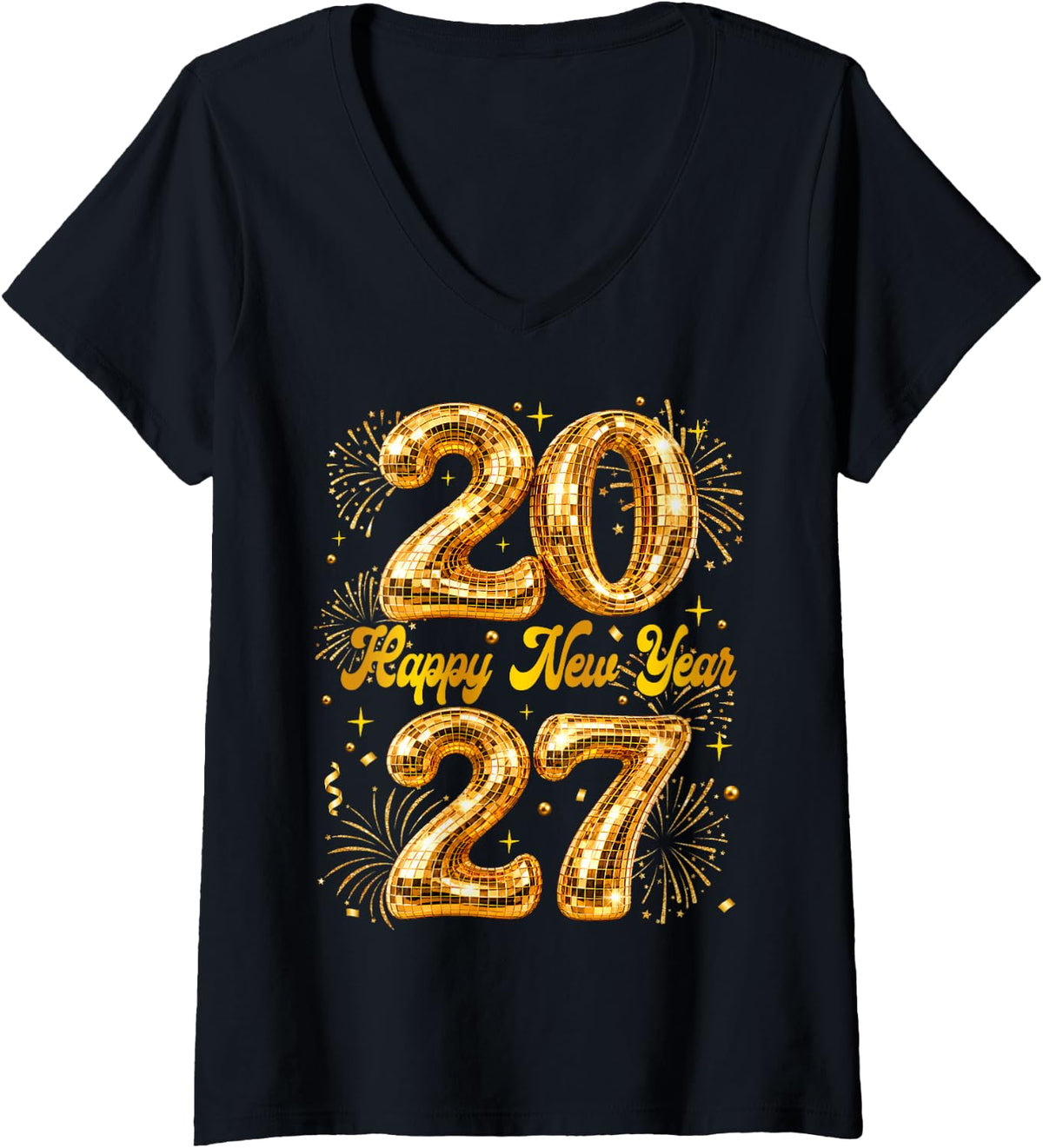 Women's Happy New Year 2027 Discoball Fireworks Men Women Kid V-Neck T-Shirt - Black