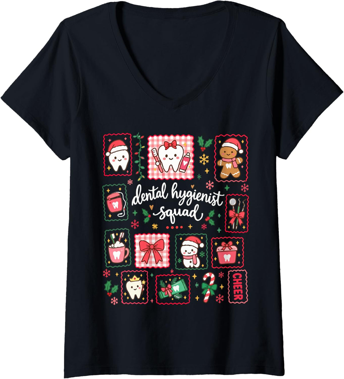 Women's Dental Hygienist Squad RDH Christmas Coquette Merry Dentist V-Neck T-Shirt - Black