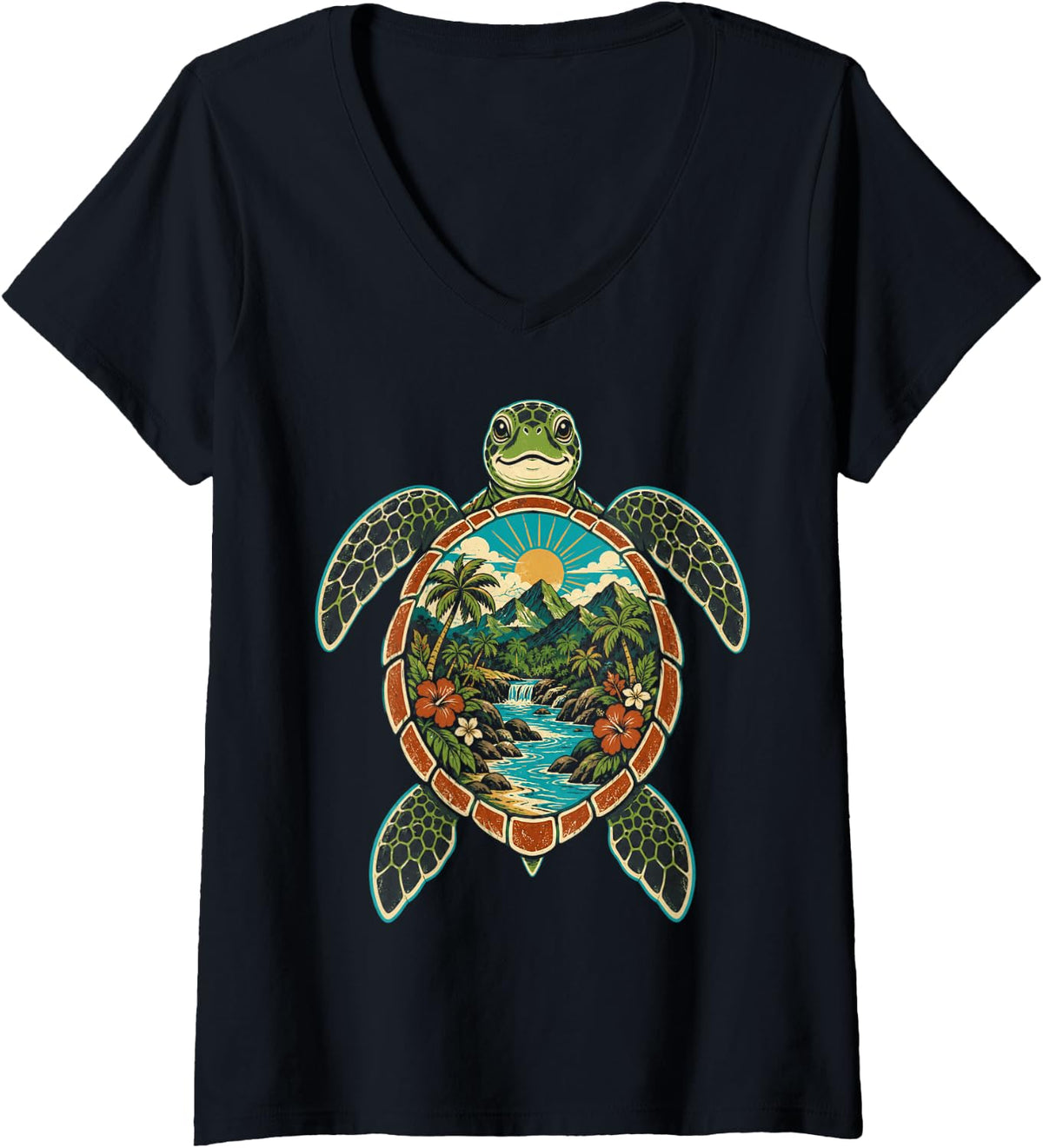 Women's Tortoise Island Shell Wildlife Art for Island Nature Fans V-Neck T-Shirt - Black