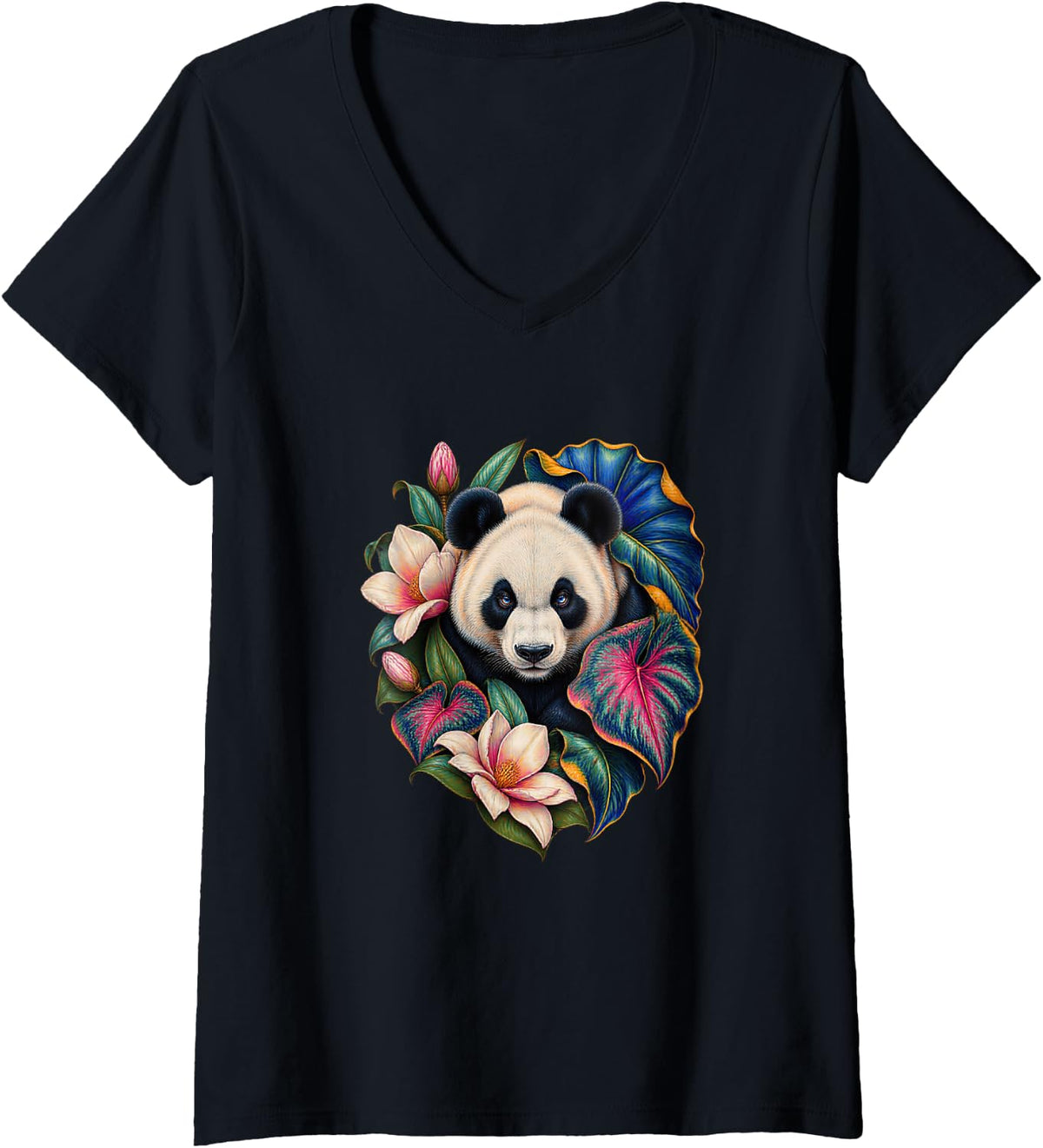 Women's Panda Magnolia Botanical Round Eared Animal Illustration V-Neck T-Shirt - Black