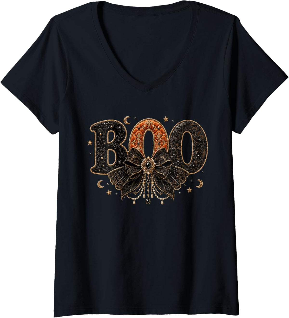 Women's Girls Spooky Season Gothic Black Bow Boo Halloween V-Neck T-Shirt - Black