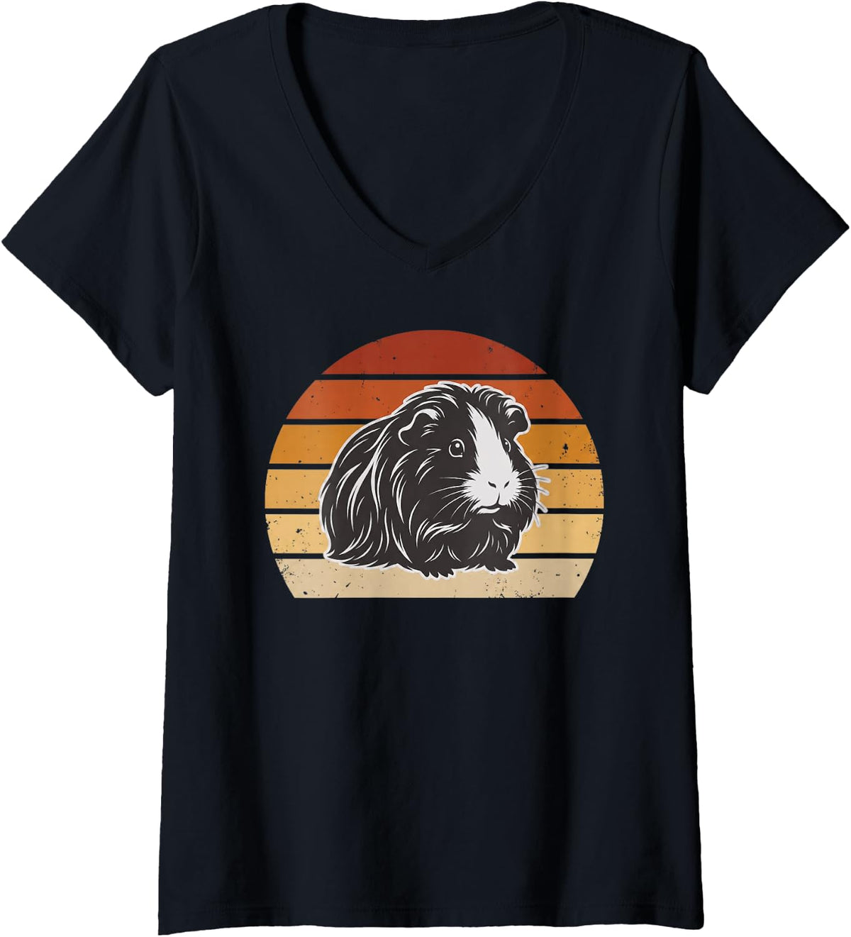 Women's Guinea Pig Lovers Cute Rainbow Long Haired Piggy Portrait V-Neck T-Shirt - Black