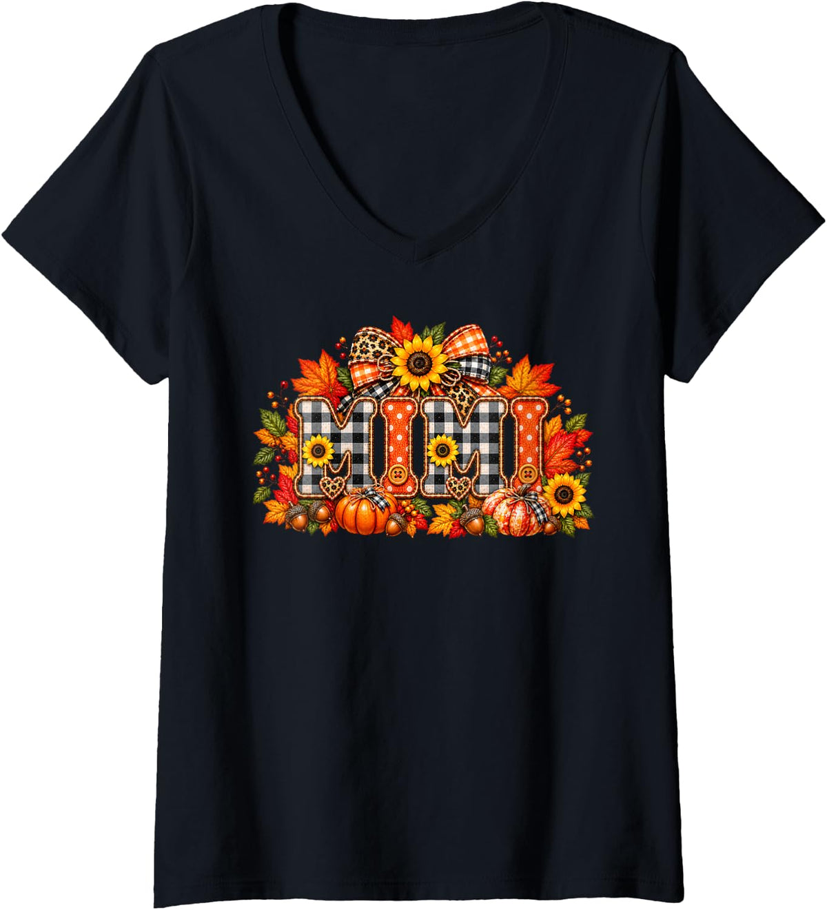 Women's Mimi Fall Harvest-Themed Proud Grandma Cute Mimi Fall Season V-Neck T-Shirt - Black