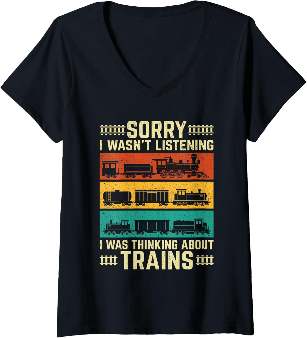 Women's I was Thinking About Trains - Train Lover Railroad Railfan V-Neck T-Shirt - Black