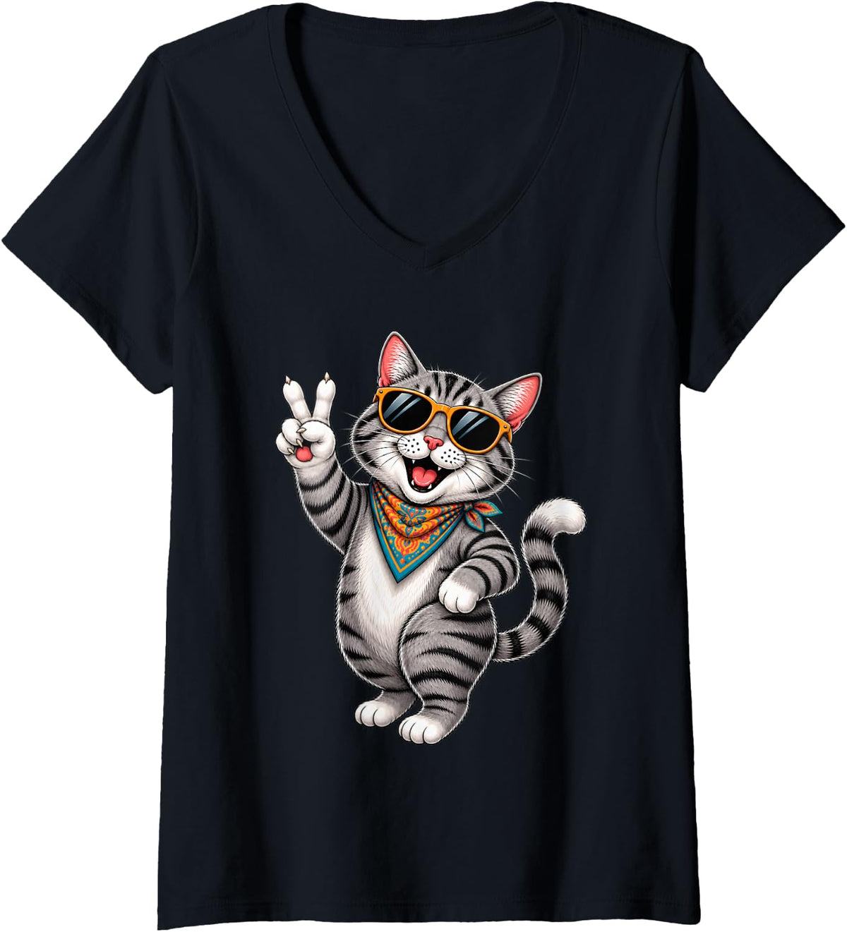 Women's Funny Cat with Sunglasses and Peace Sign Retro Kitty Cats V-Neck T-Shirt - Black