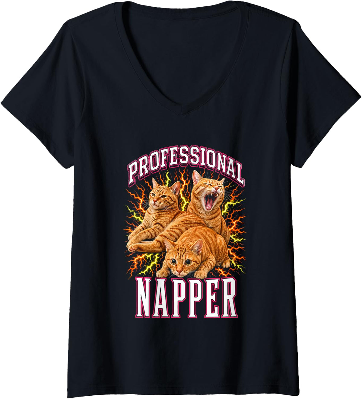 Women's Professional Napper Funny Cat V-Neck T-Shirt - Black