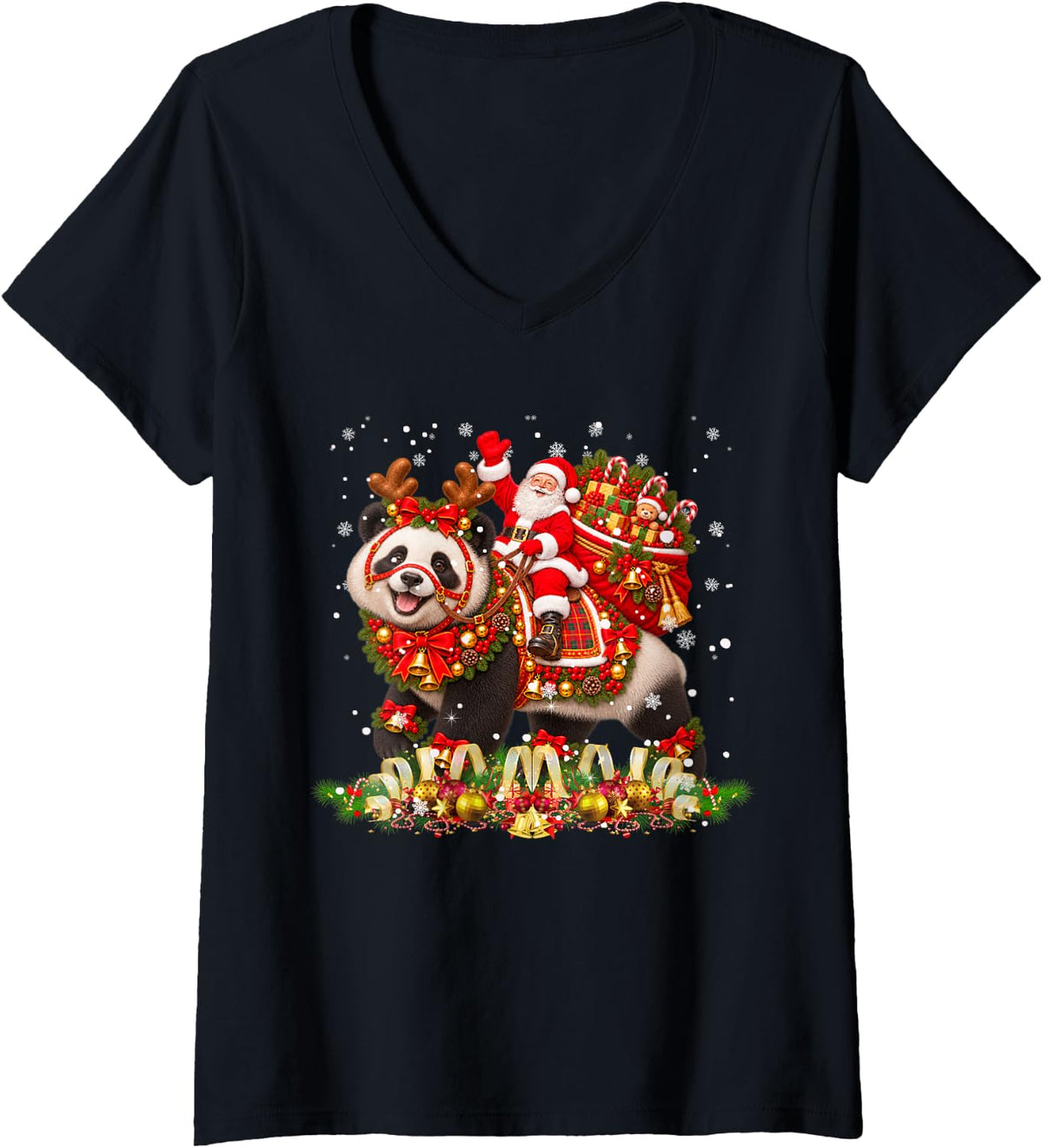Women's Xmas Decor Funny Santa Riding Panda Christmas V-Neck T-Shirt - Black