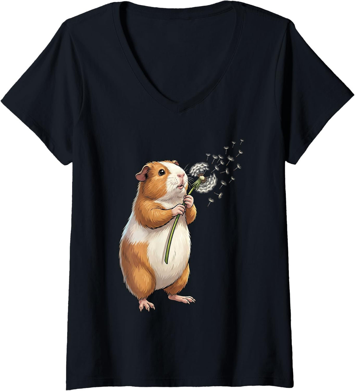 Women's Guinea Pig Dandelion Art Animal Wildflower V-Neck T-Shirt - Black
