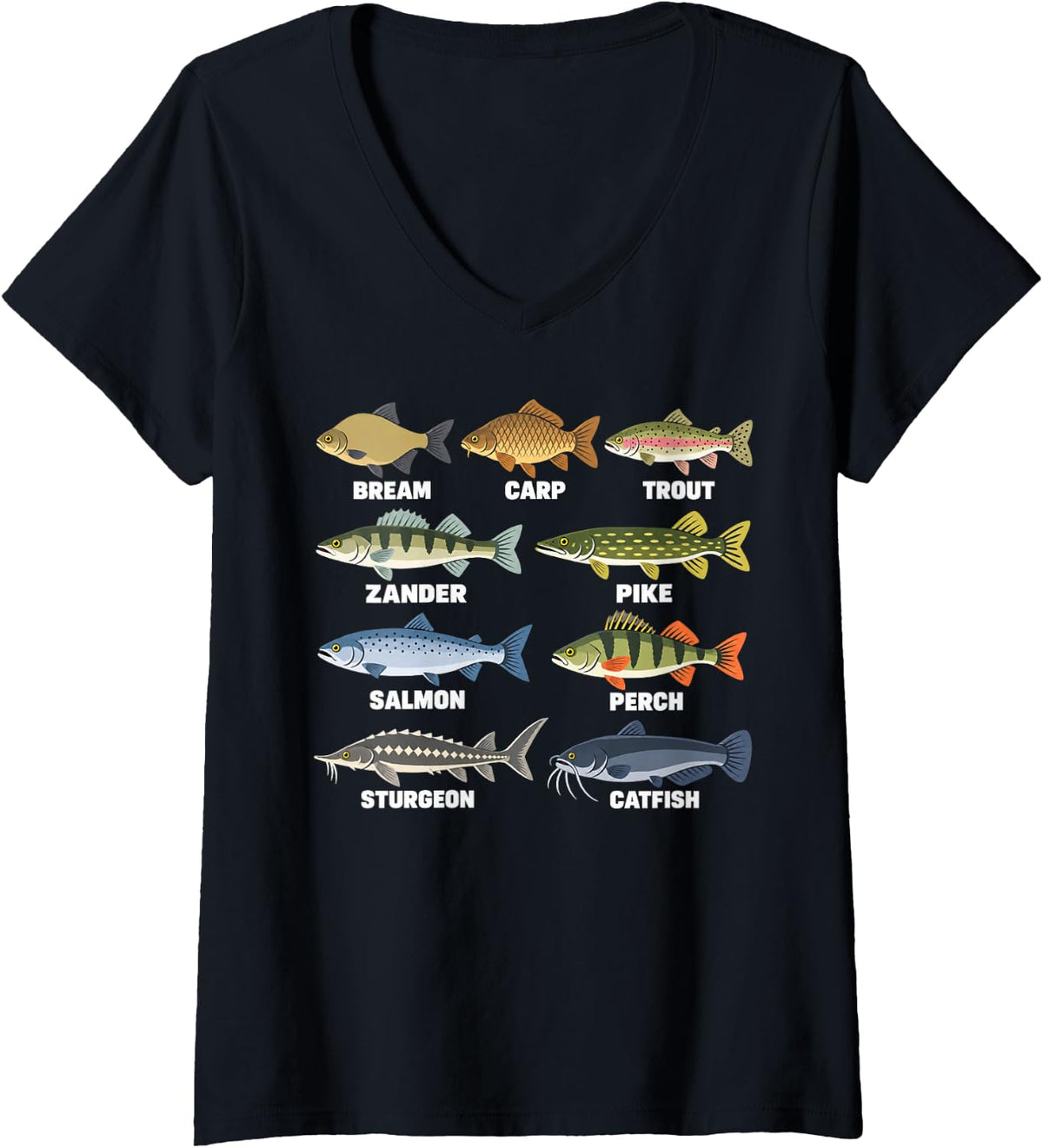 Women's Freshwater Fish Species Fisherman Fishing Angler Carp Trout V-Neck T-Shirt - Black