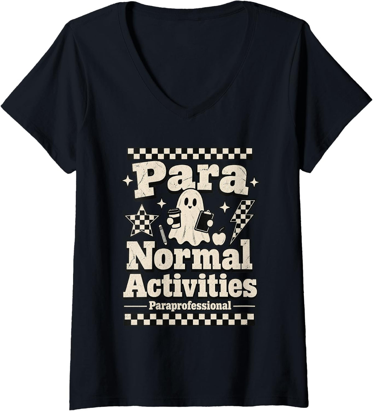 Women's para Normal Activities Retro Ghost Paraprofessional V-Neck T-Shirt - Black