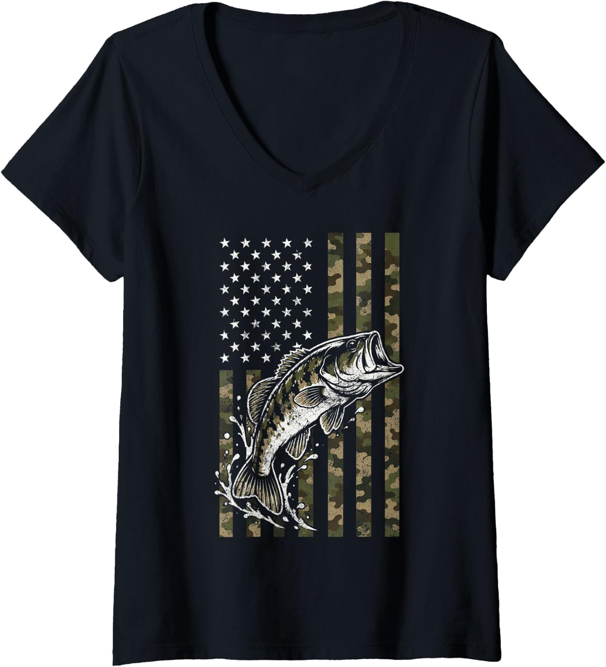 Women's American Flag Bass Fishing Camo Fisherman Angler Fish Lover V-Neck T-Shirt - Black