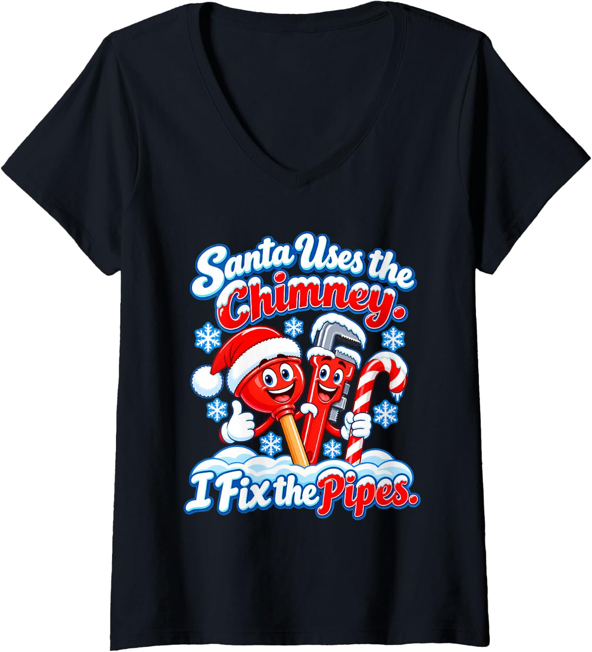 Women's Christmas Plumber Santa Uses the Chimney Pipe Humor V-Neck T-Shirt - Black