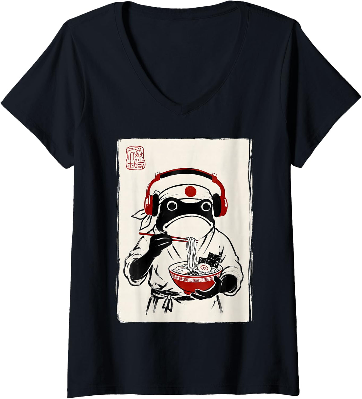 Women's Frog Ramen Chef Ukiyo E Kawaii Japanese Art Noodle Lover V-Neck T-Shirt - Black