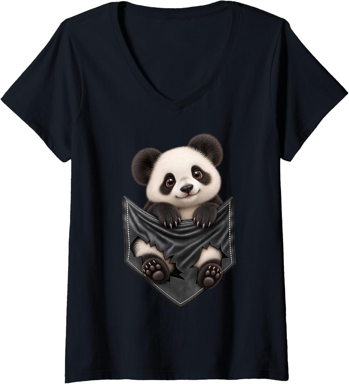 Women's Funny Panda Pocket for Men and Women Cute Animal Graphic V-Neck T-Shirt - Black