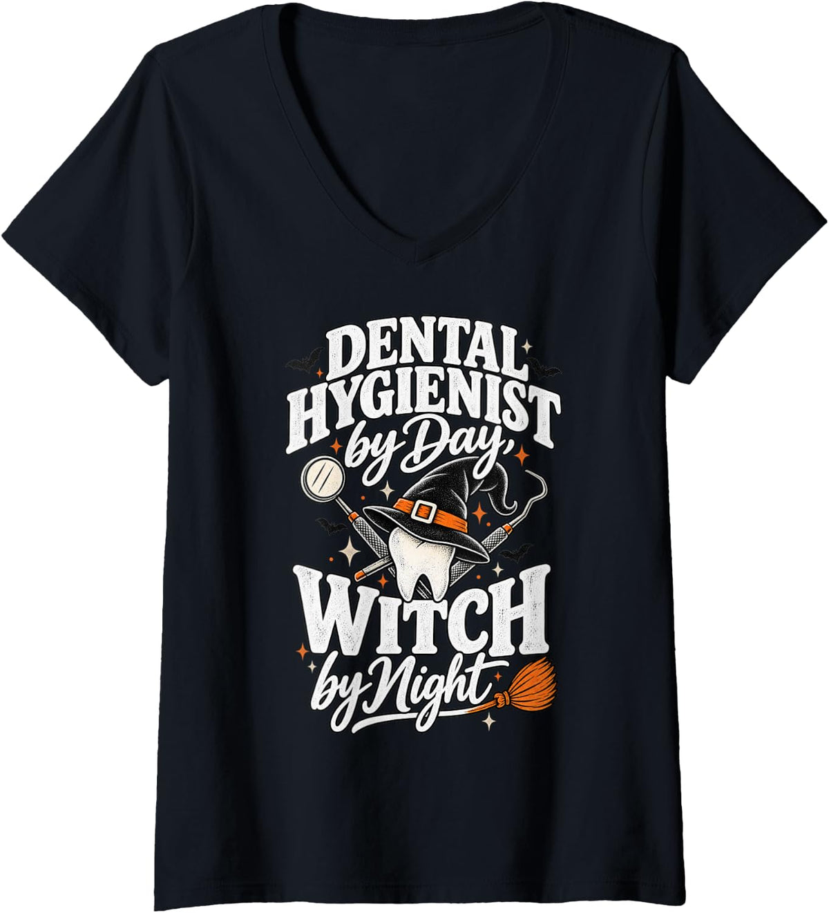 Women's Dental Hygienist by Day Witch by Night Funny Halloween V-Neck T-Shirt - Black