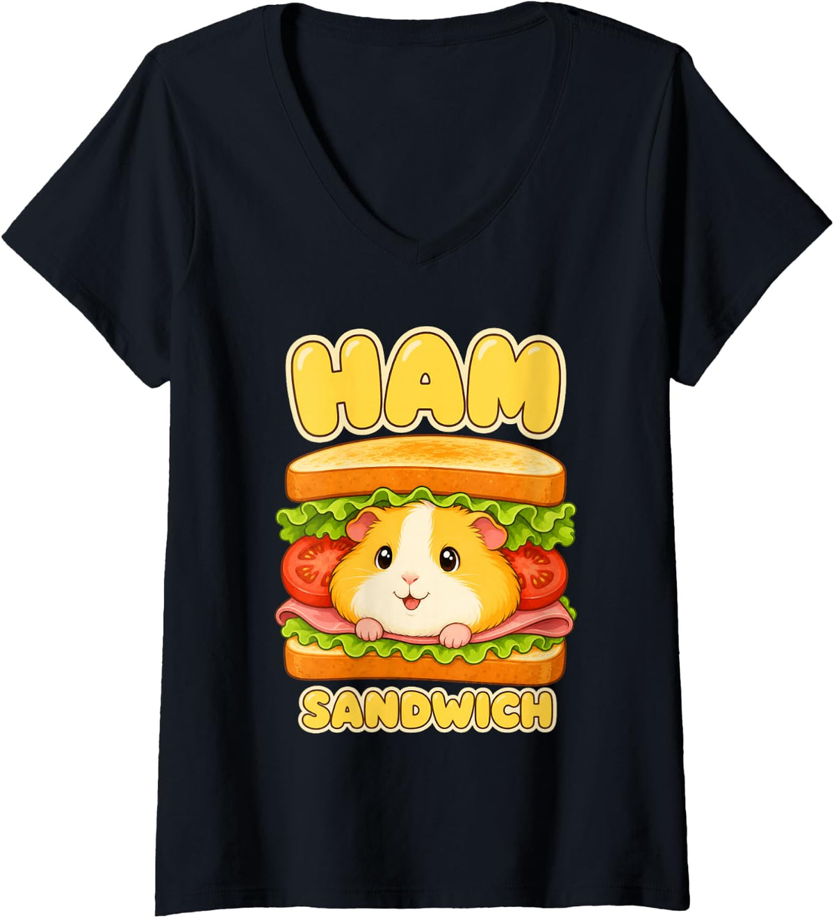 Women's Cute Ham Sandwich Guinea Pig Lover Rodent Owner Kids Girl V-Neck T-Shirt - Black