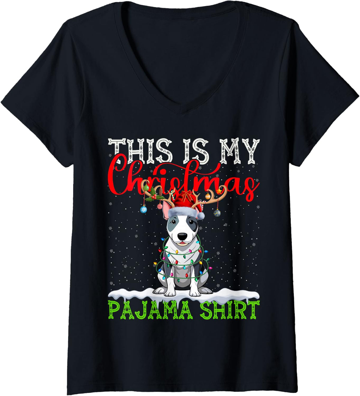 Women's This is My Bull Terrier Ugly Christmas Lights Pajama Sweater V-Neck T-Shirt - Black