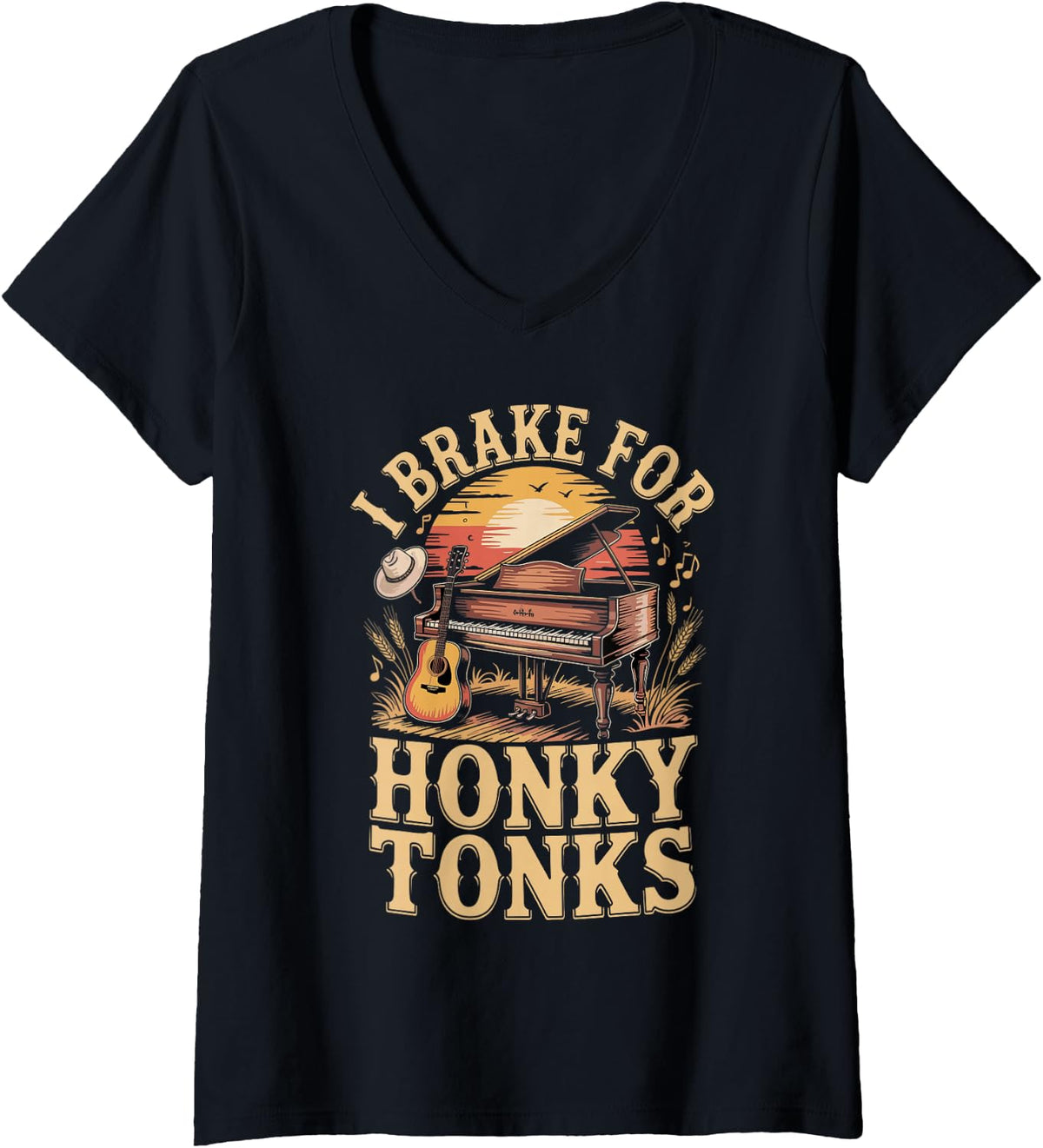 Women's I Brake for Honky Tonks Country Music Line Dancing V-Neck T-Shirt - Black