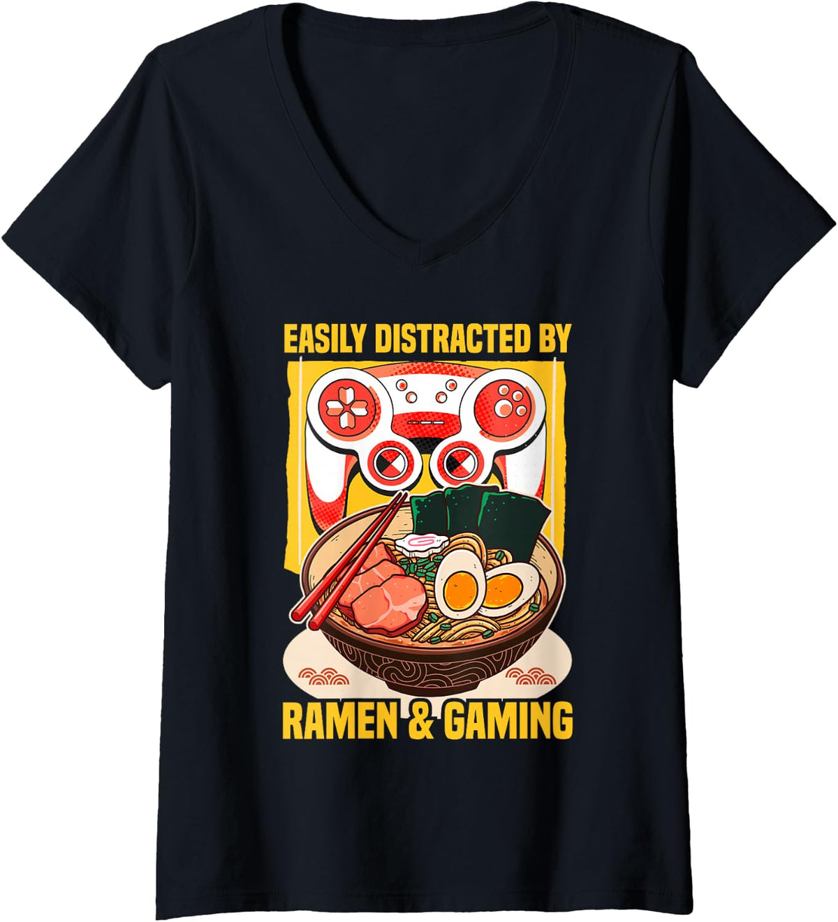 Women's Anime Gaming Ramen Lover Gamer Men Women Kids V-Neck T-Shirt - Black