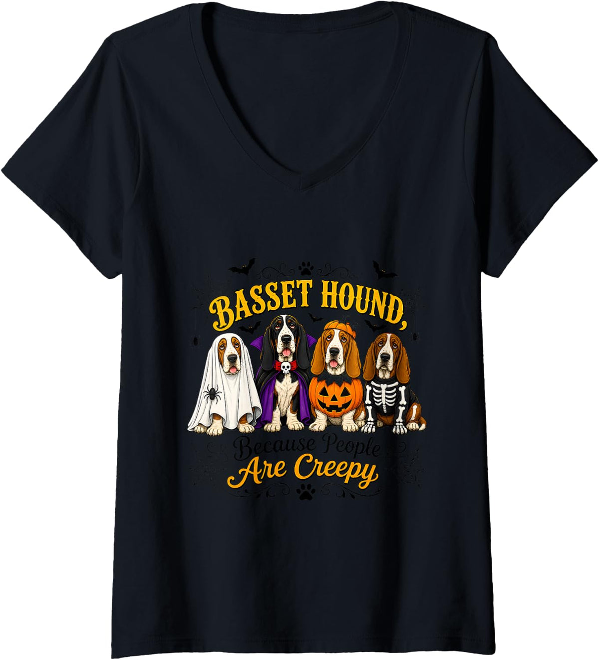 Women's Basset Hound Halloween Costume Party V-Neck T-Shirt - Black