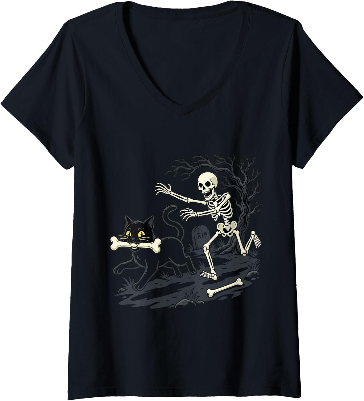Women's Halloween Skeleton Black Cat Spooky Season Costume V-Neck T-Shirt - Black