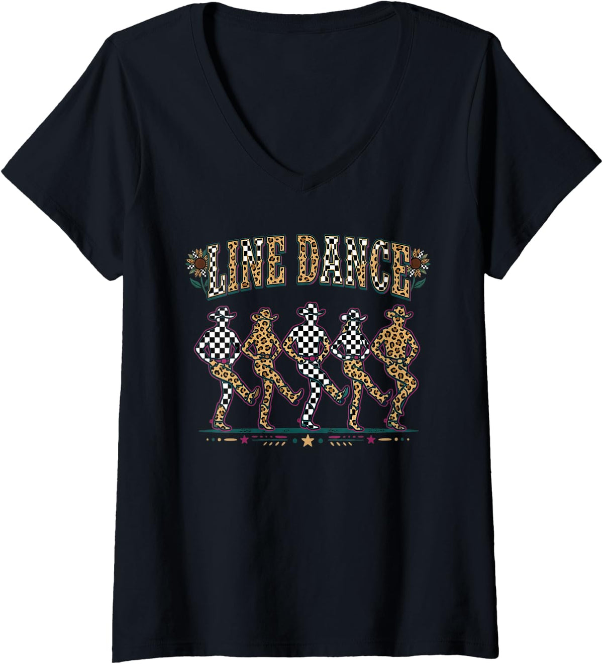 Women's Line Dancing Leopard Line Dancer Line Dance V-Neck T-Shirt - Black