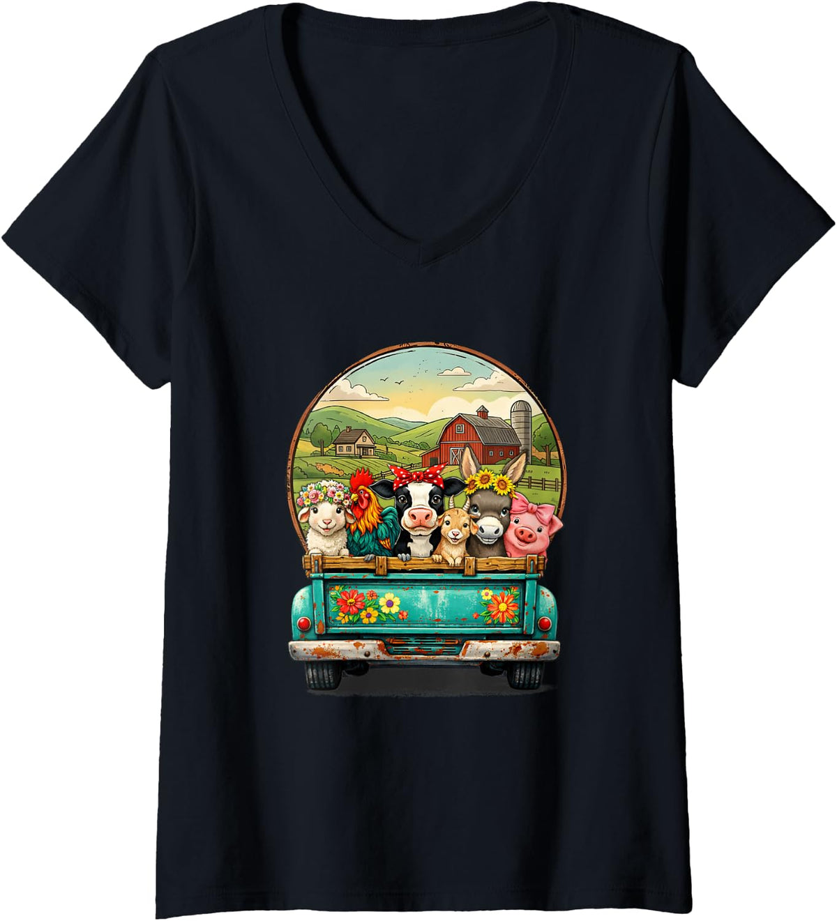 Women's Farm Animals Turquoise Pickup Truck Country Life Farmer Wife V-Neck T-Shirt - Black