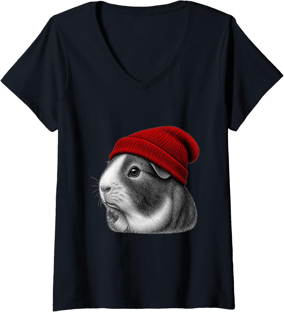 Women's Guinea Pig Wearing Beanie Funny Chill Animal Lover V-Neck T-Shirt - Black